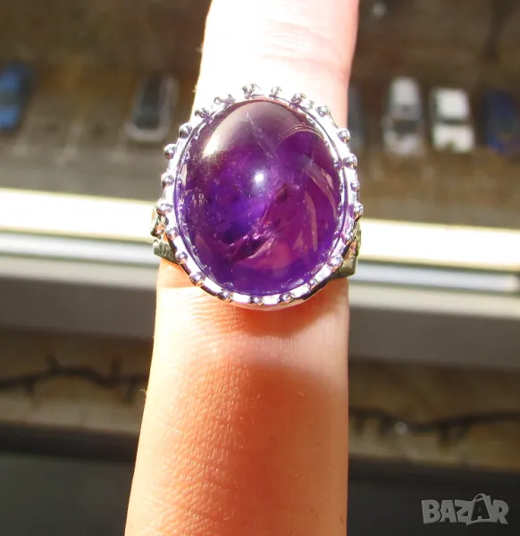 925 сребърен пръстен с аметист 14 карата, камък 18x15мм, тотално тегло 9.8гр., снимка 1