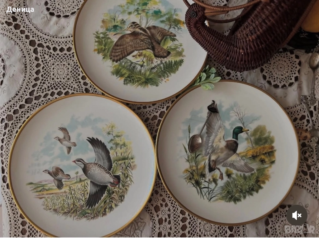 Английски чинии от серията”Птици на провинцията“. фин костен порцелан.  „Червенокраката яребица“ , снимка 1
