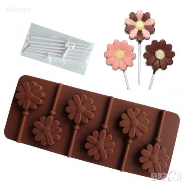 1436 Силиконова форма за близалки Цветенца Lolly Pop 6 гнезда, снимка 1