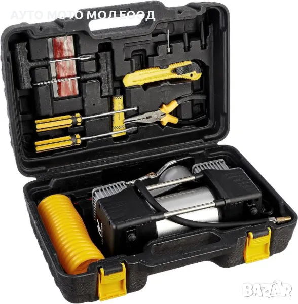 Двуцилиндров компресор за гуми с маркуч за въздух и инструменти., снимка 1