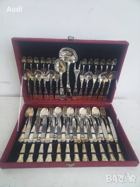 Италиански посребрени прибори за хранене 51 броя  Комплекта е в кутия и е за 12 души. Комплектьт вкл, снимка 1