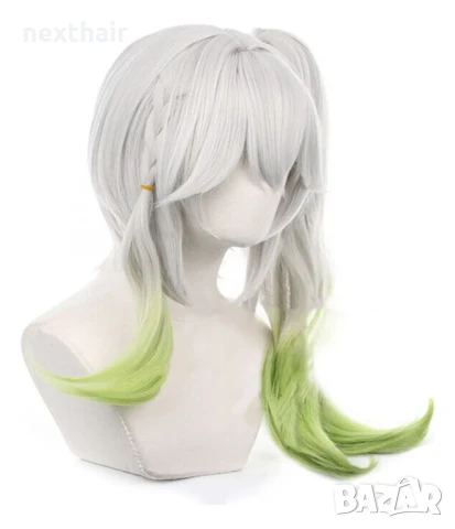 Аниме косплей бяла перука Nahida Genshin Impact с подвижна опашка и плитка, снимка 9 - Аксесоари за коса - 50332024