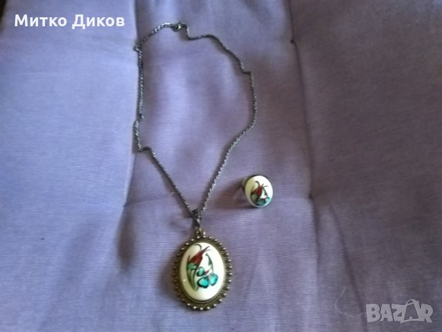 Колие  за врата в комплект с пръстен -мед и керамика ръчно рисувана, снимка 14 - Колиета, медальони, синджири - 26948153