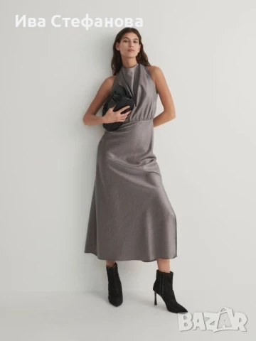 Нова шик елегантна дълга сива сребърна рокля драпирано деколте 