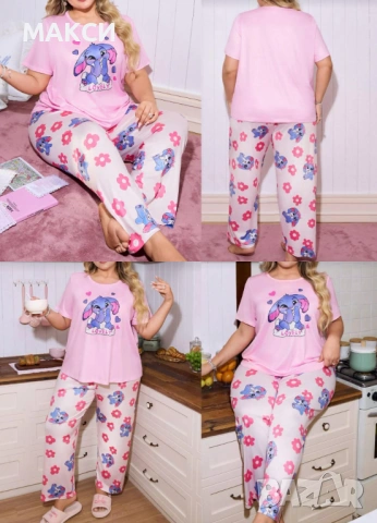 Макси силно еластичен комплект/пижама/ с многоцветни сладурски щампи - тениска + долнище с ластична 