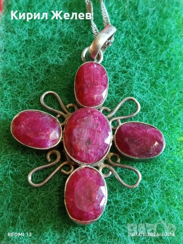 Етно сребърно колие с висулка с фасетирани Рубини ювелирна изработка 52525