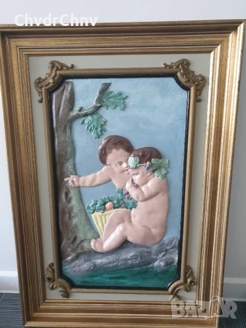 91х64см-8кг/стара голяма маслена картина-пано от гипс/голи деца/Рококо/дървена рамка