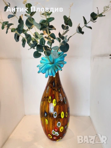 Ръчно изработена стъклена ваза „Милефиори“, снимка 2 - Декорация за дома - 53382324