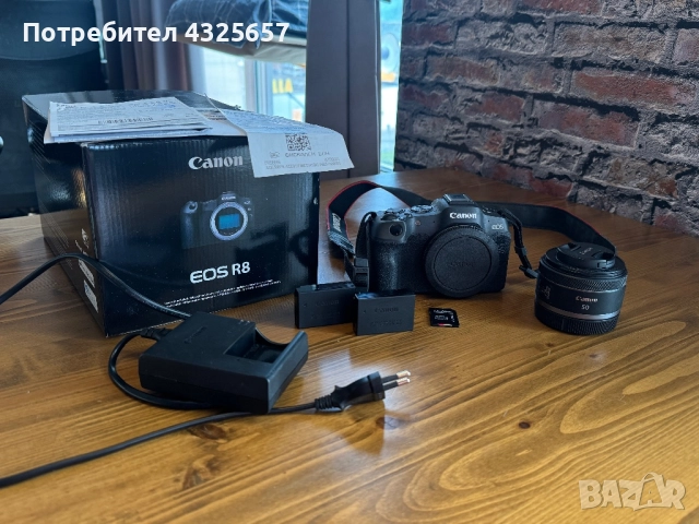 Canon R8 + 50mm 1.8 + пълен фотографски комплект + гаранция. Като нов