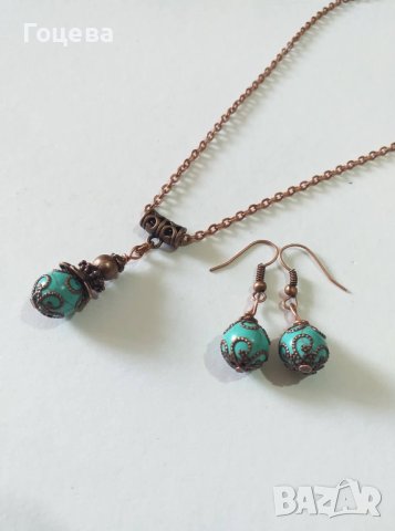 Прекрасен комплект гривна, обеци и колие с Тибетски Тюркоаз, Розов Жадеит с красиви медни орнаменти, снимка 9 - Бижутерийни комплекти - 40713602