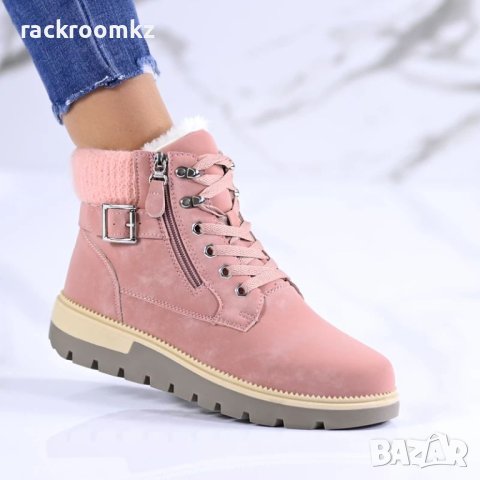 Модерни топли дамски боти с връзки и цип в розов цвят 138427, снимка 2 - Дамски боти - 42975727