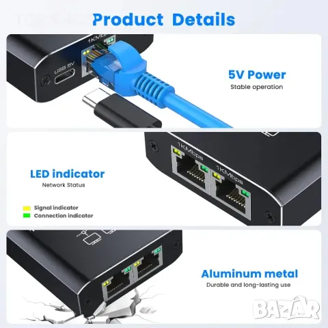 Gigabit Ethernet сплитер 1 към 2 с висока скорост 1000Mbps, снимка 3 - Кабели и адаптери - 48475670