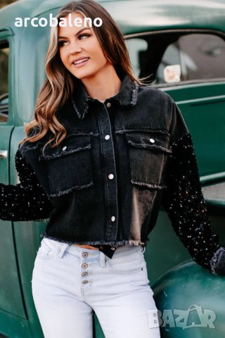 Дамско късо дънково яке с пайети, снимка 6 - Якета - 43662340