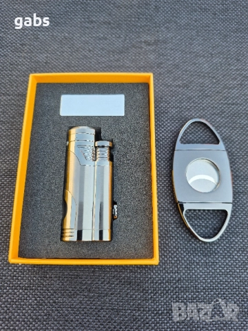Стилна запалка за пури с лого и подарък резачка в подаръчна кутия, снимка 4 - Запалки - 52538359