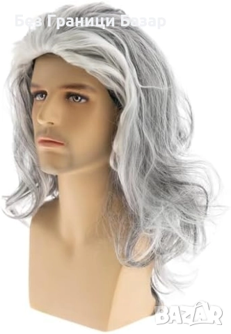 Нова Мъжка перука дълга сива бяла вълнообразна cosplay Хелоуин парти, снимка 3 - Аксесоари за коса - 52939445