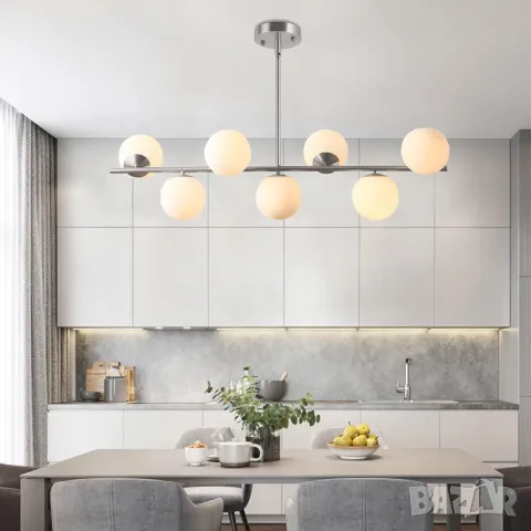 Модерен сребрист Висящ полилей с бял глобус осветление за (сребро), снимка 4 - Лампи за таван - 48969030