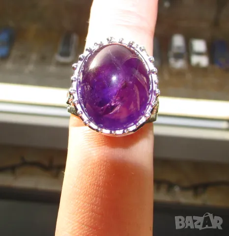 925 сребърен пръстен с аметист 14 карата, камък 18x15мм, тотално тегло 9.8гр., снимка 1