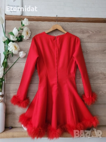 Червена рокля с естествени пера, снимка 2 - Рокли - 52062107