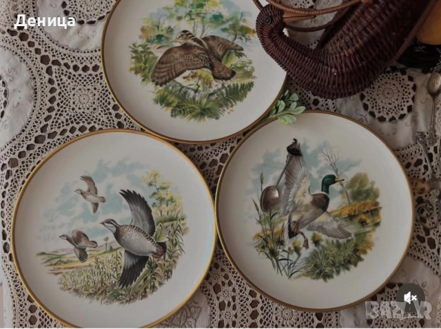 Английски чинии от серията”Птици на провинцията“. фин костен порцелан.  „Червенокраката яребица“ 