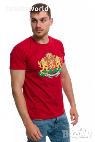 Нова мъжка червена тениска с релефен трансферен печат Герб на България, снимка 5 - Тениски - 29889507