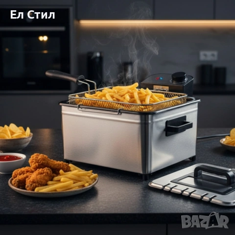 Фритюрник Cheffinger CF-EDP5.0 – 5L, 2000W, неръждаема стомана, 3 кошници, регулируема температура