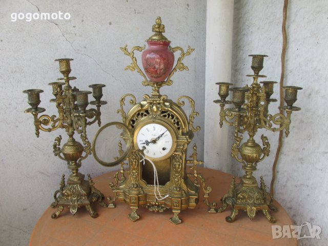 лот Стари, арт, античен, винтидж бароков каминен МЕХАНИЧЕН часовник с АЙЦЕ "ФАБЕРЖЕ"+2 броя свещника, снимка 6 - Антикварни и старинни предмети - 37346781