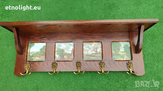 Уникална старинна масивна дъбова закачалка с рафт, двойни  окачвачи  и порцеланови плочки , снимка 4 - Закачалки - 52805960