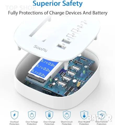 SOOPII USB станция за зареждане, 6-портов USB хъб за зареждане с LCD дисплей, снимка 4 - Друга електроника - 48791906