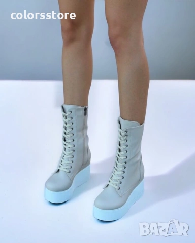 Боти на платформа - бежова кожа с бяло ходило - VP1 