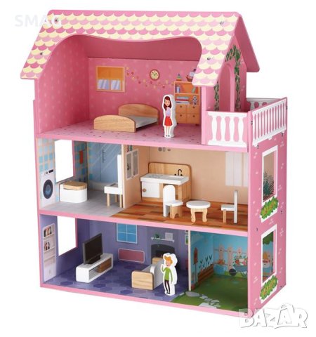 Дървена къща за кукли с мебели и 2 фигури 49,5x24x61 см