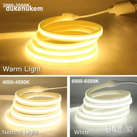 COB LED лента XUNATA 220V, 2 м, 288 LED/m, IP65, студена светлина 4000K, снимка 5 - Лед осветление - 52652086