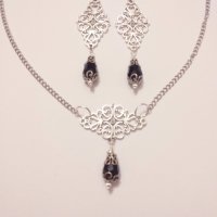 Разкошен Викториански комплект с Черни кристали и филигрирани орнаменти в цвят Сребро, снимка 3 - Бижутерийни комплекти - 28257261