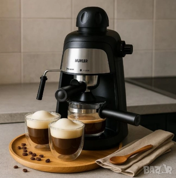 Комплект еспресо машина MUHLER MCM-33 + 2 стъклени чаши Luigi Ferrero Caffeina 80ml FR-8012 ПОДАРЪК, снимка 1
