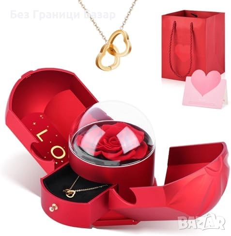 Нова Вечна роза с колие сърце подарък за жена любима луксозна кутия, снимка 1