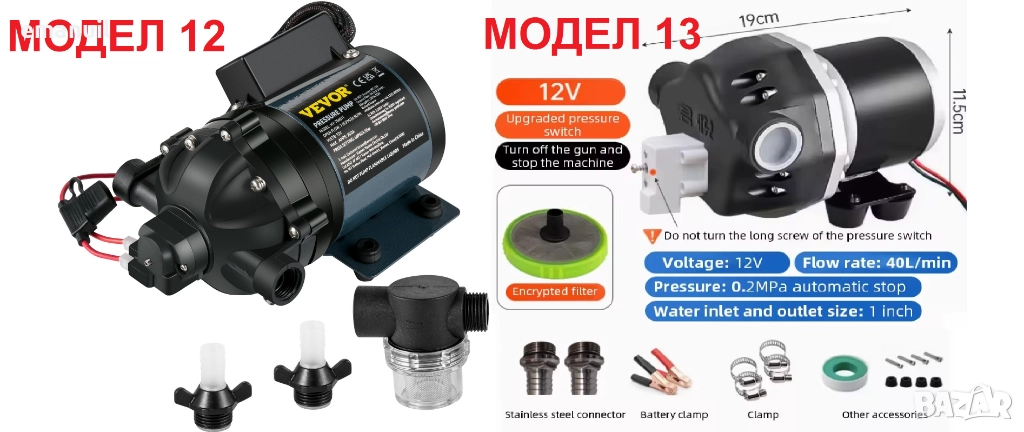 12V 13 МОДЕЛА 2-40л/мин. 2-13bar хидрофорна диафрагмена самозасмукваща външна водна помпа, снимка 1