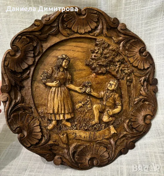 Ретро стенна чиния, дърворезба, снимка 1