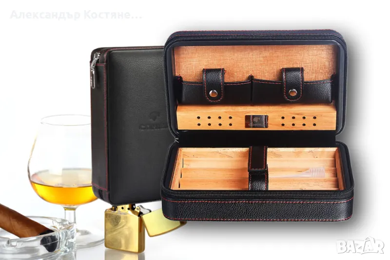 Кедров кожен Хумидор - кутия за пури място за запалка, резец и пури, снимка 1
