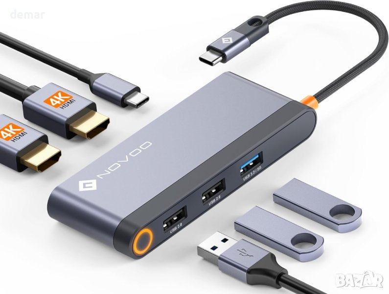 NOVOO USB-C към двоен HDMI 4K 30HZ, 100W PD, 4 USB порта, снимка 1