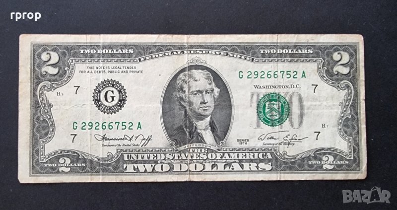 Банкнота. Долар .САЩ.  2 долара . 200 години независимост на Америка. . 1976  година., снимка 1