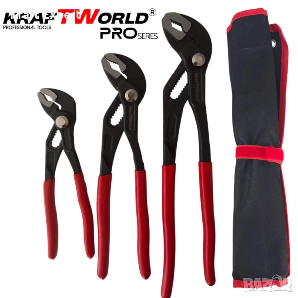 Комплект Водопроводни Клещи тип гарги Kraftworld pro – 3 части 175 мм, 250 мм, 300 мм с калъф, снимка 1
