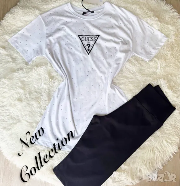 дамски комплект guess тениска с камъни и къс клин рипс , снимка 1