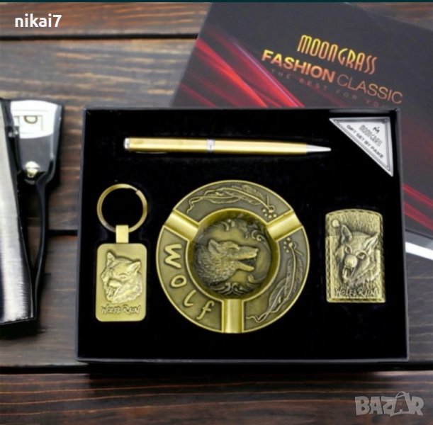 Мъжки подаръчен комплект Moongrass Wolf 4в1 метални/релефни, снимка 1