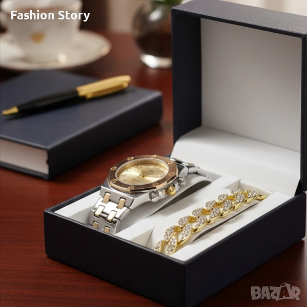 Модерен унисекс часовник със златист циферблат и блестяща гривна, снимка 1