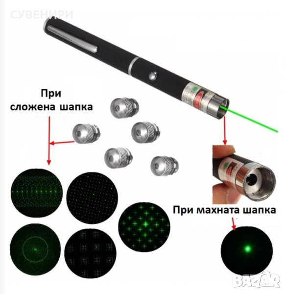 Зелен лазер писалка с 7 приставки , снимка 1