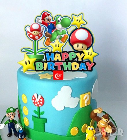 Супер Марио Super Mario цветен пластмасов топер украса табела за торта рожден ден, снимка 1