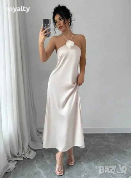 Елегантна сатенена рокля с флорален декор в кайсиев цвят 🥥, снимка 1