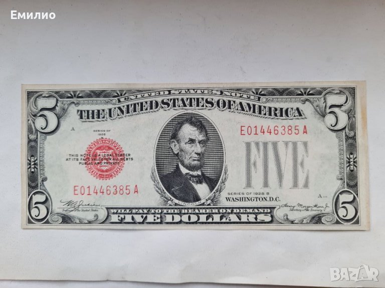 RARE. USA 🇺🇸 $ 5 DOLLARS 1928-B UNC, снимка 1