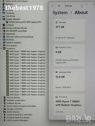 2.5k 165Hz Legion Pro 16`Ryzen 7-5800H/RTX 3070/32GB RAM/512GB SSD/RGB, снимка 8 - Лаптопи за игри - 53424804