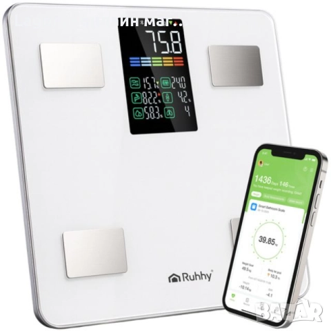 Cмарт кантар до 226 кг, Ruhhy, Кантар - анализатор с Bluetooth и приложение Feelfit, бял цвят
