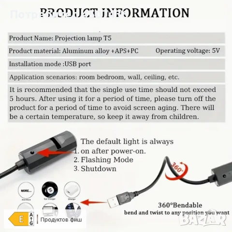 USB Захранвана LED Проекционна Светлина-Котка, снимка 7 - Прожектори - 49064223